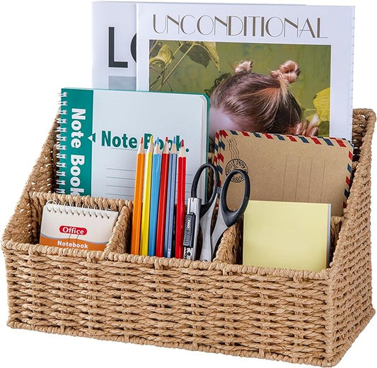 DINGTAI Rattan Desk Organizer, Tabletop Mail Holder, 5 Slot Mail Organizer Countertop Basket, Rattan Office Supplies, Boho Office Desk Accessories, Wicker Desk Organizer, Magazine Holder（Wicker）