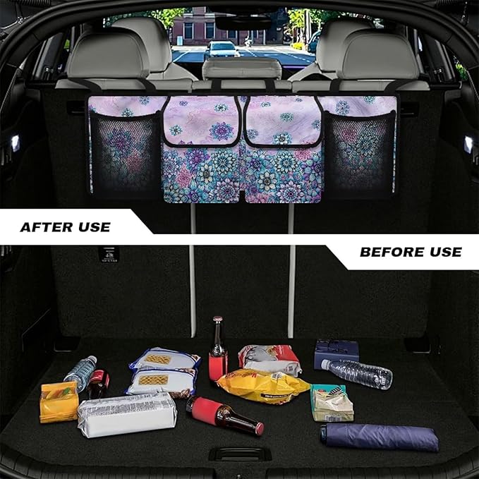 Bohemian Flower Design Car Trunk Organizer,Beach Design Backseat Trunk Organizer with 4 Pocekt,Backseat Hanging Car Storage Bag Foldable Cargo Storage Not Easy to Fade Machine Washable
