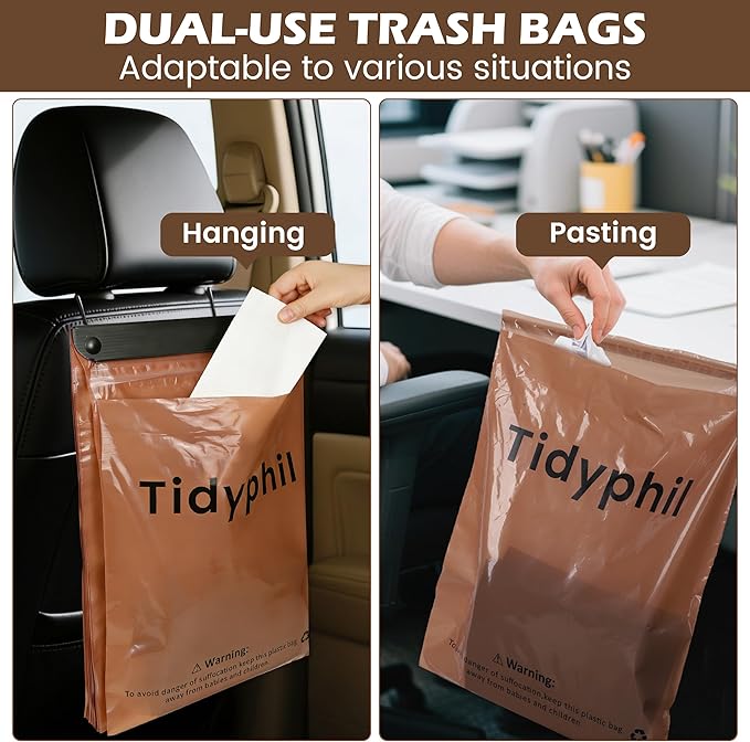 150 PCS Disposable Car Trash Bags Hanging, Leak-proof, Odor Seal. 2 Gallon Car Garbage Bags, Big Capacity. Independent of Car Trash Can, Easy Stick-On Car trash Bin for Car, SUV, Truck, Stroller.Brown