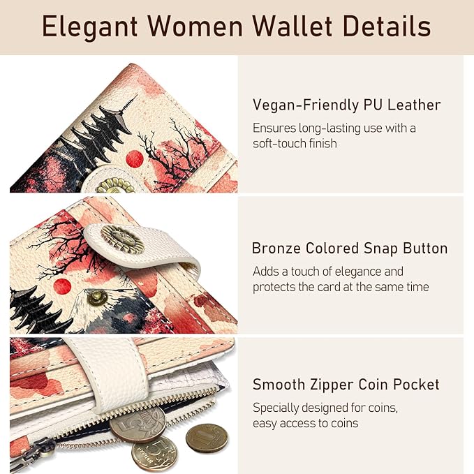 Kelvoris Japanese Sunset Goth Small Rfid Women Wallet Bifold Zipper Coin Pocket PU Leather Compact Cash Credit Card Holder Travel Wallet for Female Ladies Teen Girls 1 ID Window 10 Card Slots