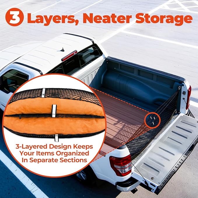 3-Layer Cargo Net for Ford F150/F-250/F-350/F-450 2015-2026, Zoned Storage Truck Bed Net with Foldable Zippered Bottom Bag, Heavy-Duty Cargo Organizer Netting for Camping, Trips & Everyday Use