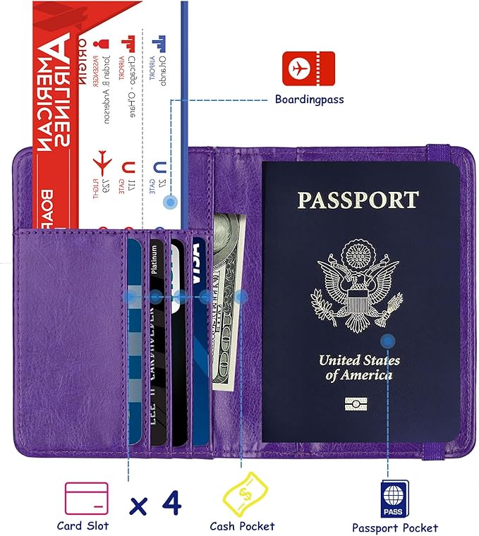TOURSUIT RFID Blocking Passport Holder for Women Men, Leather Passport Travel Wallet with 3D Metal Badge, Travel Document Holder Cover Accessories (Purple)