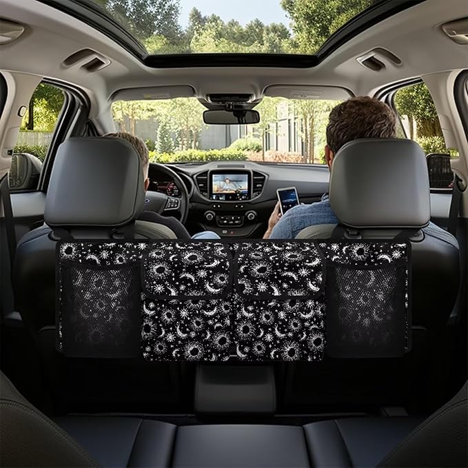 Moon Car Trunk Organizer,Oxford Backseat Storage Bag with 4 Pockets,Waterproof Adjustable Large Capacity Hanging Collapsible Bag for Most Vehicles,Universal Car Accessories