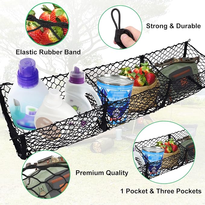 Truck Bed Cargo Net with Detachable 3 Pocket, 59“ Long Pickup Trunk Mesh Organizers & Elastic Storage for Tacoma Ford Chevy Silverado GMC etc,Grocery Holder Trunk Net with 8 Carabiners Accessories