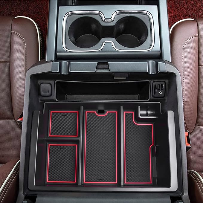 TACOBRO Full coverage Center Console Organizer Compatible with 2014-2018 GMC Sierra 1500 /Chevy Silverado 1500 Accessories 2015-2020 Yukon XL/Tahoe Suburban Insert Armrest Storage ABS Plastic, Red