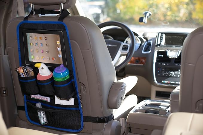 Handy Laundry Back Of Seat Car Organizer For Kids and Family. Storage pocket for Tablet plus five additional pockets to hold children travel accessories like sippy cups, bottles, toys, snacks.