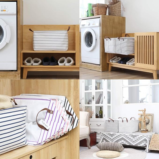 Hinwo 2-Pack Large Canvas Fabric Storage Baskets with Handles, 31L Rectangle Storage Bins, Collapsible Storage Box, Clothes, Toys, Blankets Organizers, 16.5 x 11.8 x 9.8 inches, (Grey Stripe)