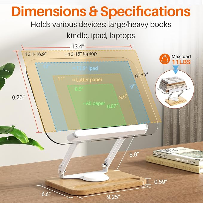 BYMECOST Acrylic Book Stand for Reading, 360°Rotating Book Holder with Pen Slot, Adjustable Height and Angle, Elastic Clips for Cookbook Stand, Foldable Desktop Riser for Laptop,Tablet,Recipe,Magazine