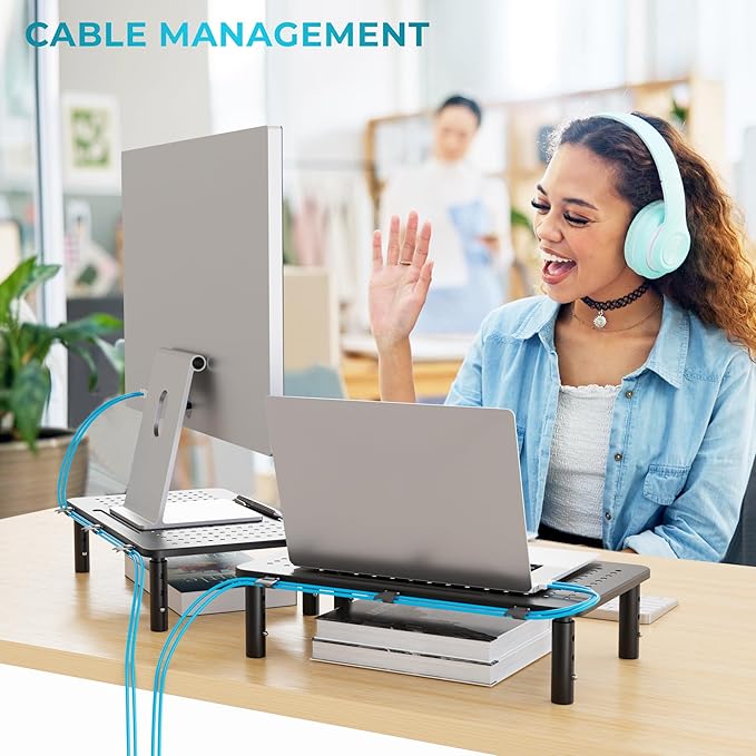 BONTEC Monitor Stand 2 Pack Height Adjustable Metal Riser with Pen Holder, Black, 14.5??x 9.1?? Ergonomic Desktop Stand for Computer, Printer, Laptop, Adjustable Desk Riser with Cable Management