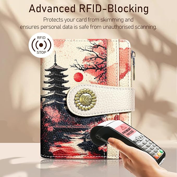 Kelvoris Japanese Sunset Goth Small Rfid Women Wallet Bifold Zipper Coin Pocket PU Leather Compact Cash Credit Card Holder Travel Wallet for Female Ladies Teen Girls 1 ID Window 10 Card Slots