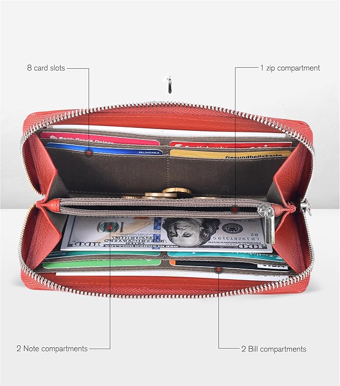Orange Leather Wallet for Women - RFID Womens Wallet Clutch with 8 Credit Card Holder, Coin Pocket, Gift for Women’s Teens Ladies