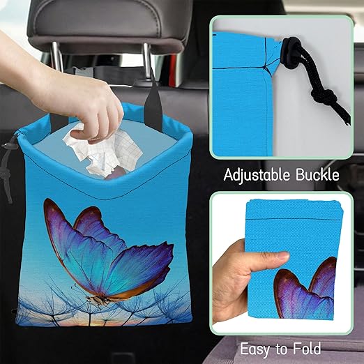 Blue Butterfly Car Garbage Bag,Dandelion Waterproof Small Car Trash Bag Hanging Back of Seat,Drawstring Hanging Car Trash Bag with Adjustable Buckle for Car Accessories