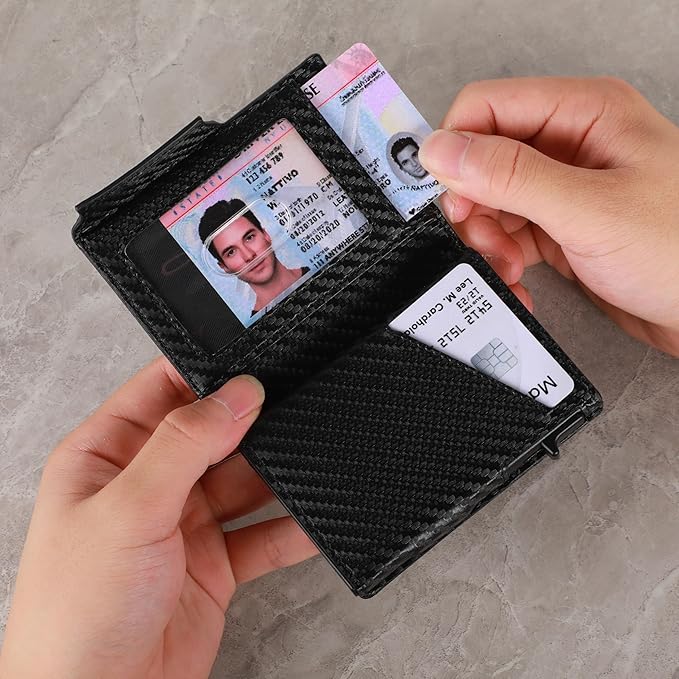Minimalist Pop Up Wallet for Men | RFID Blocking Credit Card Holder Wallet with Money Clip | Mens Wallet Slim Bifold Front Pocket Metal Case with Gift Box (Premium Carbon Fiber Leather)