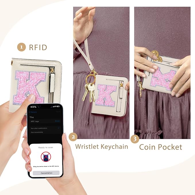 COSHAYSOO Initial RFID Wallet Small Birthday Christmas Valentines Gifts for Cheer Dance Sing Sports Team Performance Teen Girls Unique Practical Preppy Teenage Cute Girly Kawaii Stuff Cream K