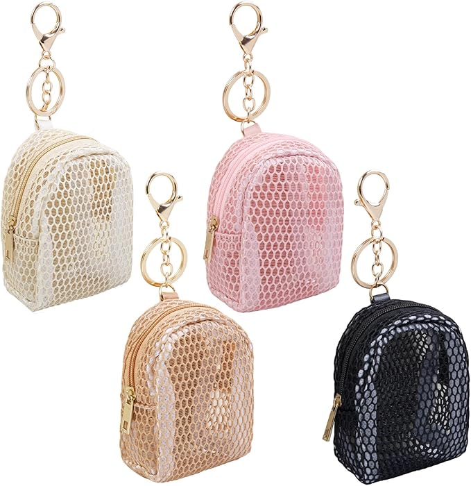 AIBFRID 4Pcs Mini Backpack Keychain,Cute Cosmetic Bag for Women,PU Leather Makeup Bag Key Pocket Lipstick Bag Card Holder Data Cable Organizer Zipper Pouch (Mesh Cosmetic Bag)