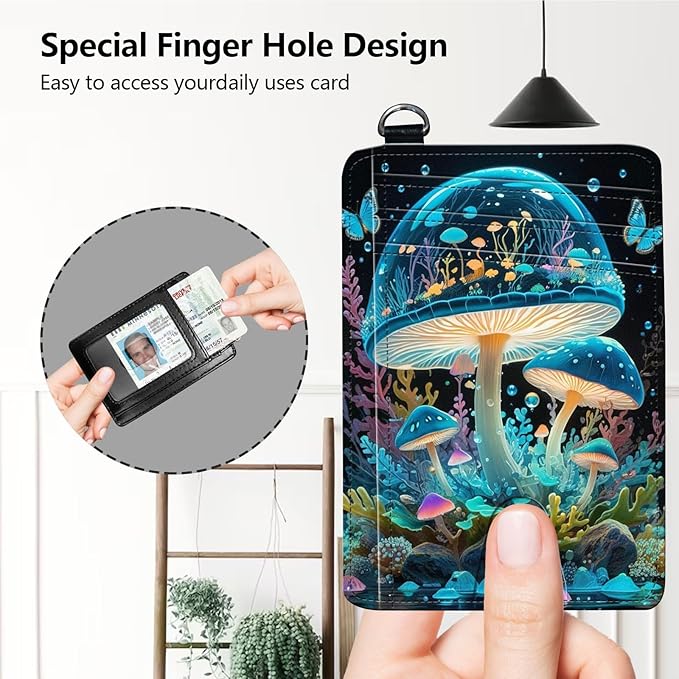 Slim RFID Blocking Card Holder Wallet with Wrist Strap - Minimalist Front Pocket Wallet, Colored mushroom 02 Design, PU Leathe, for Men & Women, Ideal for Travel & Gifts