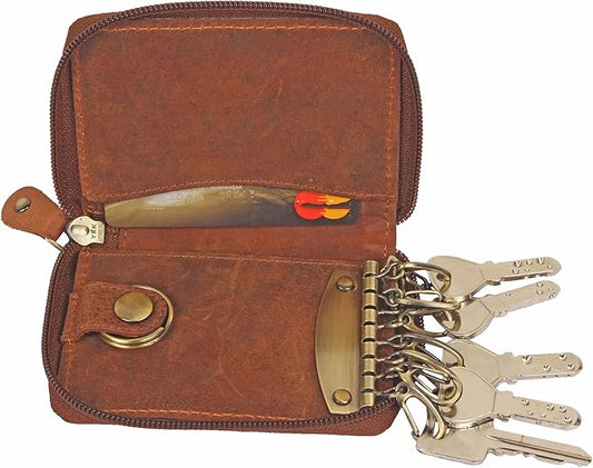 RUSTIC TOWN Leather Key Holder Case - Zippered Key Organizer Wallet with 8 Hooks for Keys, Cash & Card - Gift for Men Women