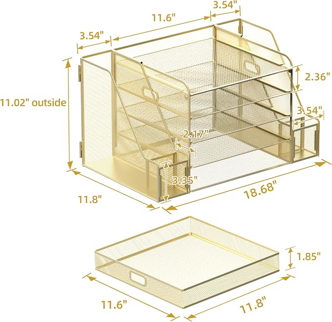 SUPEASY Mesh Desk Organizer with File Holder, 5-Tier Paper Letter Tray Organizer with Magazine Holder, Desktop Organizer and Storage with Drawer for Office Supplies Home or School (Golden)