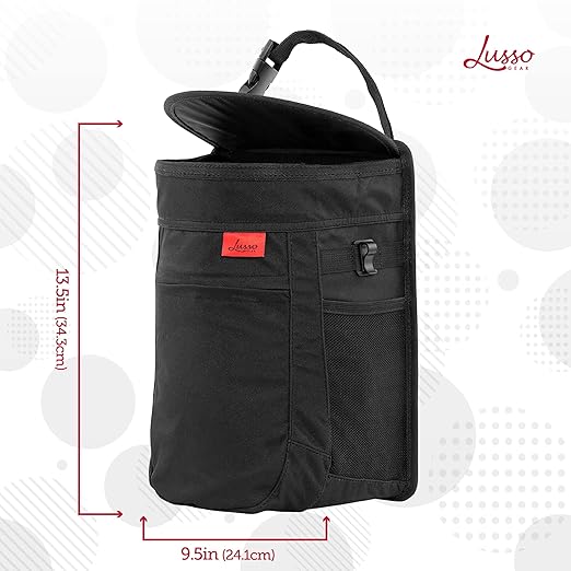 Lusso Gear Car Trash Can - 2.5-Gallon, Black, Round - Leak-Proof & Spill-Proof Lid & Waterproof Removable Liner - Hanging Car Trash Bin & Organizer for SUV, Truck & Minivan