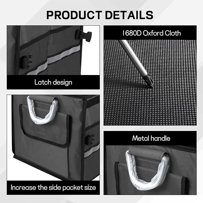 Car Trunk Organizer with Lid, 28L 2-Compartment Collapsible Trunk Cargo Storage Box, Waterproof Oxford Vehicle Backseat Storage Organizer with Base Plate & Metal Handle, Car Accessories (Black)