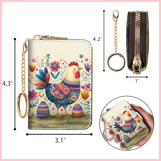 Blusabaca Chicken Flower Floral Eggs Rooster Women Credit Card Holder, Small RFID Blocking Zipper Wallet, Keychain PU Leather Card Case, Aesthetic Thanksgiving Christmas Easter Wallet Holiday Gift
