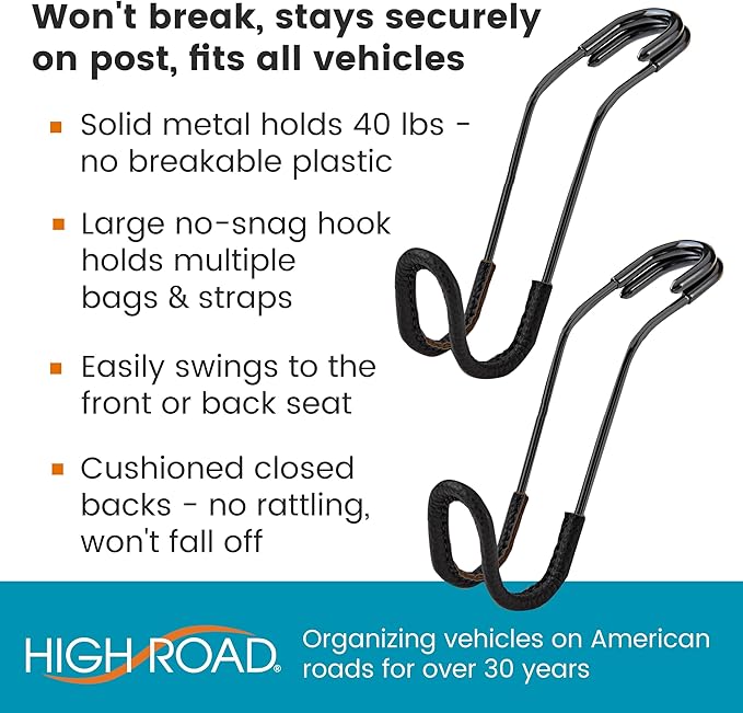 High Road Car Hooks for Purses and Bags with Leather Trim - Unbreakable Car Seat Hooks for Large Purse Straps and Heavy Bags up to 40 lbs - Secure Attachment Loops Fit All Headrest Posts, 2-Pack