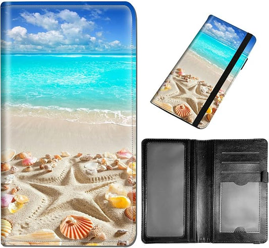 DEGDFSGR Checkbook Cover - Premium Leather Standard Duplicate Register Check Card Book Holder Wallet with RFID Blocking Function for Men and Women, Blue Sky Beach