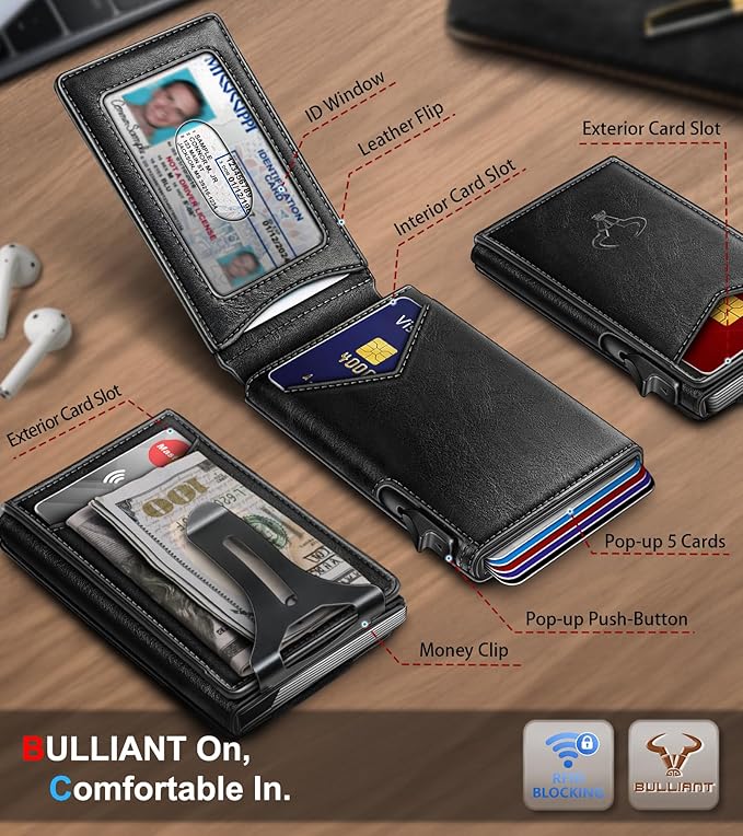 BULLIANT Men Wallet,Magnetic Metal Wallet Money Clip 9Cards Pop-up Access RFID Blocking