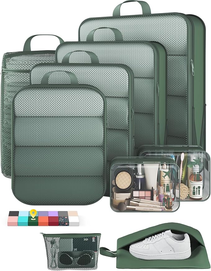 Veken 9/11 Set Compression Packing Cubes for Travel Essentials,Compressible Expandable Large Luggage Suitcase Organizer Bags for Clothing,Durable Space Saver Storage Bags(Dark Green)