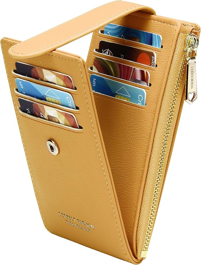 Badiya Slim Women Wallet RFID Blocking Bifold Compact 9 Card Slots Holder Wallets Soft Leather with Zipper Coin Pocket 2 ID Window