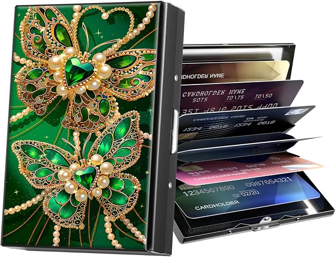 Metal Wallet,Credit Card Holder for Women Men,RFID Blocking Card Holder Mini Slim Aluminum Wallet ID Case Hard Case Business Card Holder Case,Green Butterfly Cute