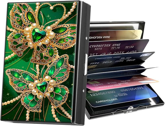 Metal Wallet,Credit Card Holder for Women Men,RFID Blocking Card Holder Mini Slim Aluminum Wallet ID Case Hard Case Business Card Holder Case,Green Butterfly Cute