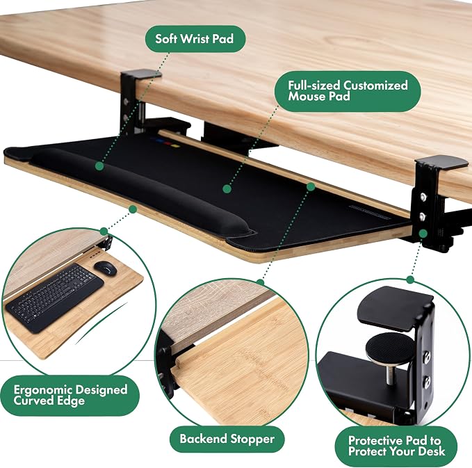 D'vine Dev Keyboard Tray Under Desk with Wrist Rest, Bamboo Wood Keyboard Drawer with Full Size Keyboard and Mouse Pad, Original Wood, KBTY-1