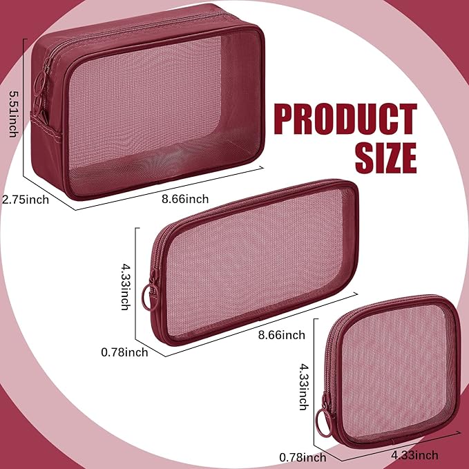 Weewooday 4 Pcs Mesh Makeup Bag Mesh Cosmetic Bag Travel Toiletry Pouch with Zipper Mini Makeup Cosmetic Purse for Daily Accessory(Small, Large, Medium,Wine Red)