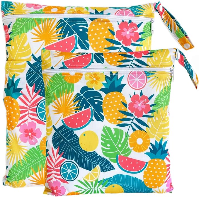Wet Dry Bag for Cloth Diapers, 2PCS Waterproof Reusable Wet Bag with Zippered Pockets, Washable, Reusable for Travel, Beach, Pool, Stroller, Diapers, Dirty Gym Clothes, Swimsuits, 14x12In & 12x11In
