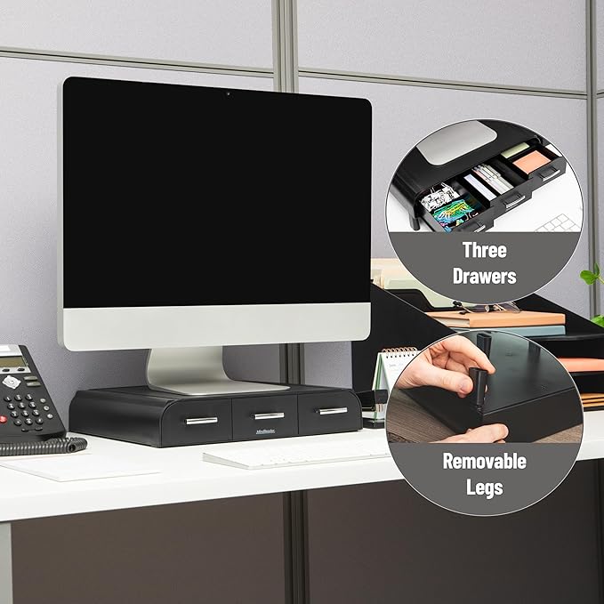 Mind Reader Monitor Stand, Laptop Riser, Desktop Organizer, Storage Drawer, Office, Plastic, 13.5"L x 13"W x 4"H, Black
