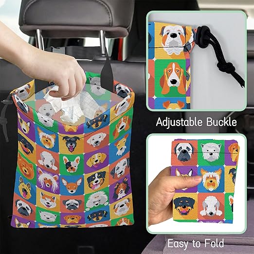 Dogs Face Car Garbage Bag,Waterproof Small Car Trash Bag Hanging Back of Seat,Drawstring Hanging Car Trash Bag with Adjustable Buckle for Car Accessories