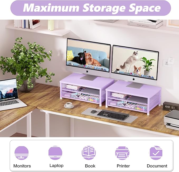 OPNICE Computer Monitor Stand Riser, Desk Organizer with Drawer, Printer & Laptop Stand, Office Desk Accessories & Workspace Desktop Organizers Storage for Office Supplies(Purple)
