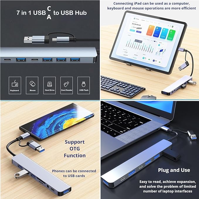 USB C Hub 7 in 1 Multiport Adapter, with USB 3.0, USB 2.0 Type-C Data PD Charging Ports for Laptop, PC, Desktop and Other Type C Devices