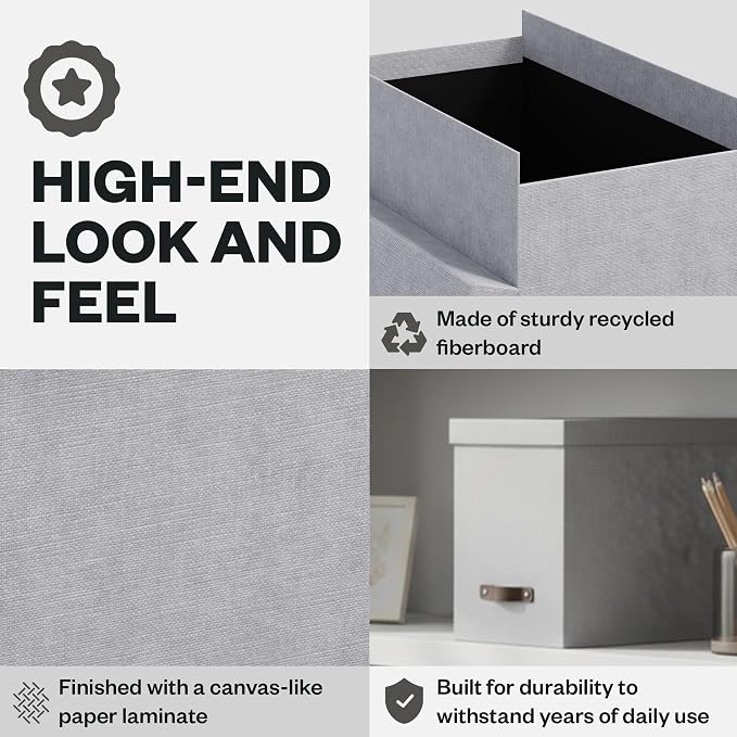 Bigso John Desktop File Box - Storage Solution and Document Organizer for Important Paperwork - Durable Hanging File Box with a Lid and Leather Handle - 7.36 in x 13.26 in x 10.51 in - Ash