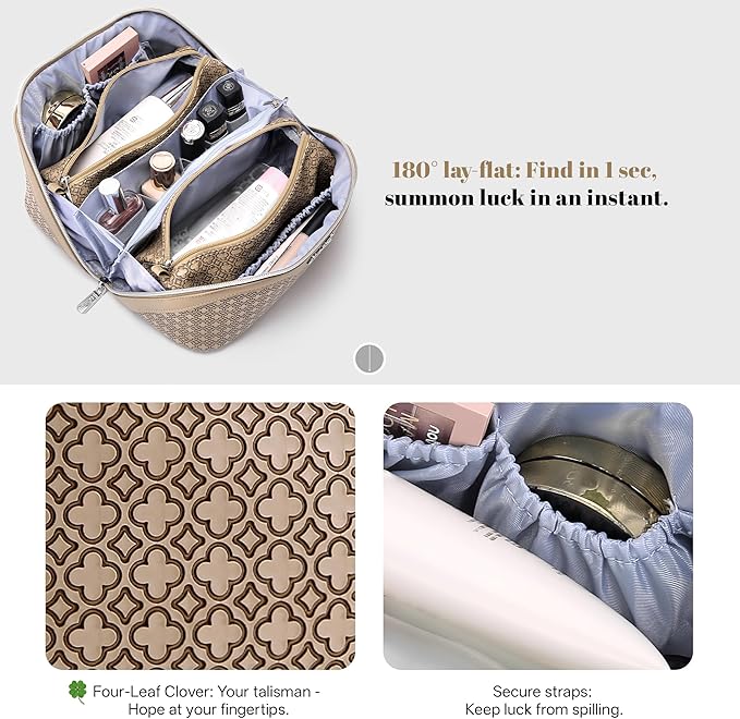 BOYATU Travel Makeup Bag for Women: Four Leaf Clover Large Capacity 3 Pcs Set Cosmetic Bags - Waterproof 50% Extra Space for Toiletry Organizer - Travel Essentials for Fortunate (05 Brown)
