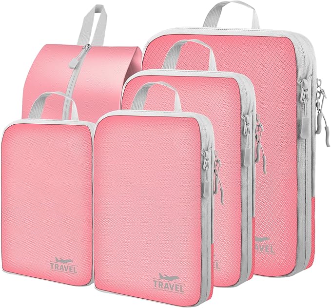 5 Set Packing Cubes For Travel Essentials, Luggage Packing Organization Cubes Suitcase Organizer Bags Set For Luggage Travel Packing Cubes For Suitcases Durable (5 Pcs, Pink)