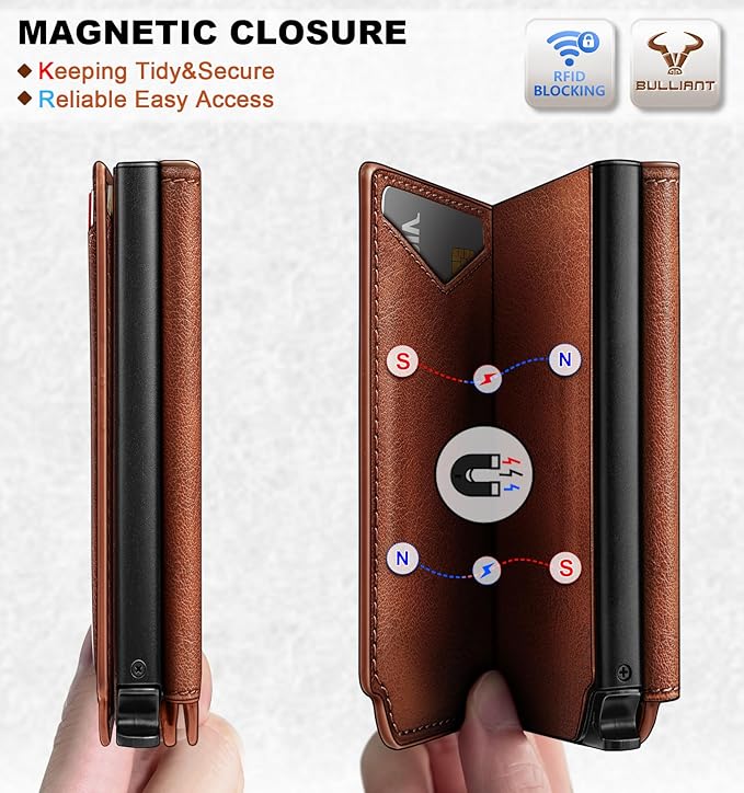 BULLIANT Men Wallet Leather Wallet Card Holders Money Clip for Men 10Cards-Magnetic Flip on Metal Case