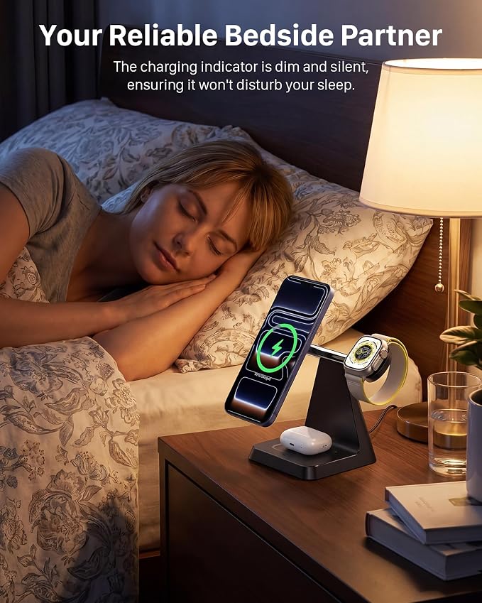 3-in-1 Magnetic Wireless MagSafe Charger Stand for Apple Devices | Charging Station for iPhone 12/13/14/15/16/17, Apple Watch & AirPods – Ideal for Nightstand, Desk, or Home Office