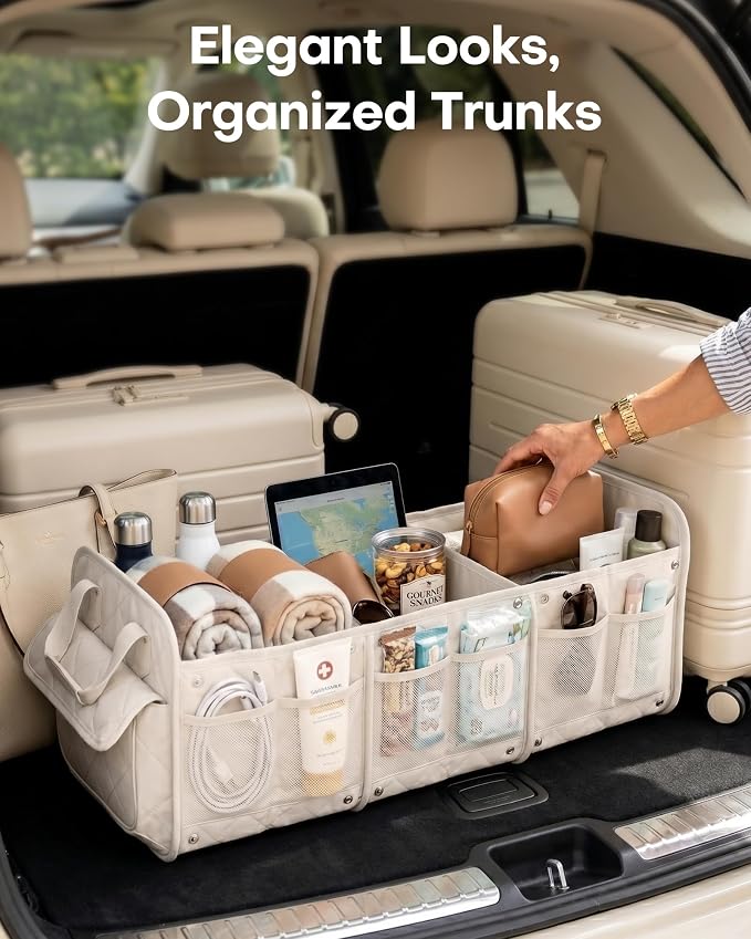 HOTOR Car Trunk Organizer for Women & Men Foldable SUV Storage Accessories | 3 Compartments, Road Trip, Camping, Shopping, for Tools & Outdoor Storage, Fits Truck, Van, Sedan, Beige, 32.3" x 12.8" x 11"