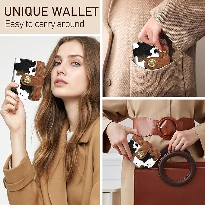 Kelvoris Cow Print Brown Small Rfid Women Wallet Bifold Zipper Coin Pocket PU Leather Compact Cash Credit Card Holder Travel Wallet for Female Ladies Teen Girls 1 ID Window 10 Card Slots