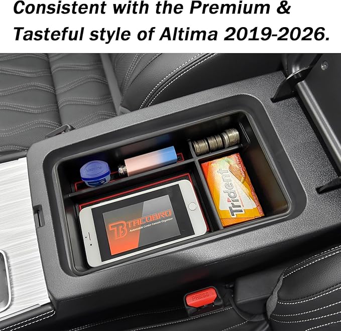 TACOBRO Center Console Organizer Compatible with Nissan Altima 2019 2021 2022 2023 2024 2025 2026 Accessories, Armrest Insert Tray with Coin Holder Keep Organized with Rubber Pad Red