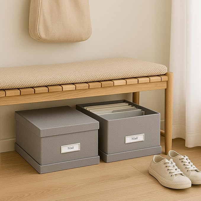 Bigso Box of Sweden Katrin Collapsible Storage Box with Labelframe for Easy Identification - Simple Assembly Without Tools - Decorative Storage Boxes with Lids - 13.5in x 17.6in x 7.2in - Gray