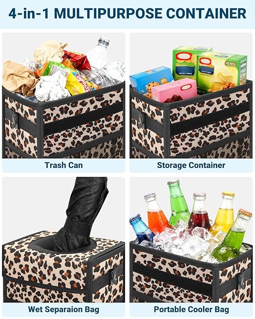 Capolo Car Trash Can with Lid, Leakproof Car Trash Bag Hanging Waterproof Automotive Garbage Can with Storage Pockets Mini Vehicle Trash Bin for Back/Front Seat(Leopard,2.5 Gallon)