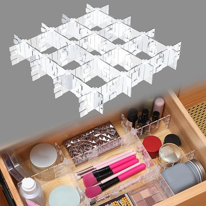 45 Pcs Adjustable Clear Drawer Dividers with Fixed Buckle DIY Plastic Drawer Organizer Box Dividers Back to School Gift for Sock Underwear Makeup Kitchen Bedroom Dresser Office Storage(Clear)